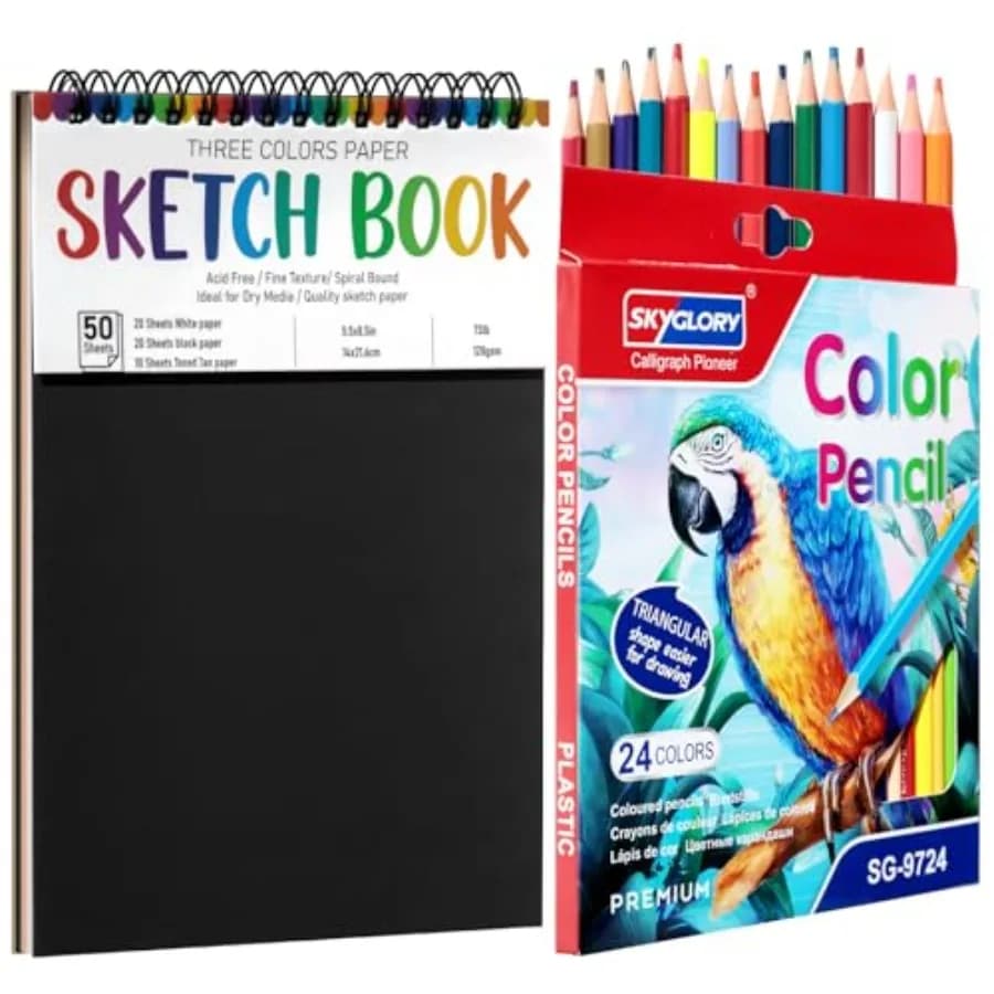 Drawing Sketchbook Kit, A5 Sketch Book with 24 Color Pencils, Three Color Black Sketch Pad, Acid-Free Sketch Pad for,Artist, Ar