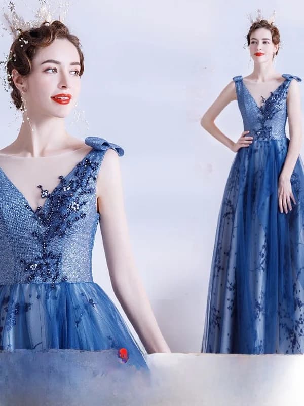 Blue Evening Dinner Year End Performance Host Wedding Dr Costume Sexy mid Waist Long Skirt Crystal Tube Beads Deep V Ne