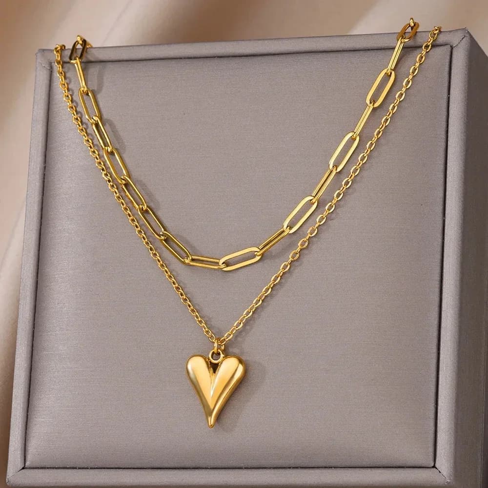 Collana a cuore multistrato in acciaio inossidabile 316L per donne e ragazze, catena a clavicola color oro, ciondolo girocollo, gioiello, regalo di compleanno