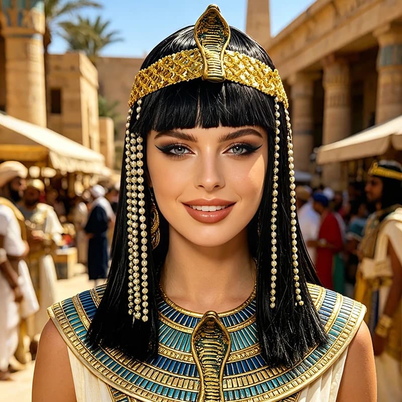 Parrucca sintetica resistente al calore della regina egiziana alla moda, corta e diritta, con fascia a forma di serpente, per feste cosplay da donna