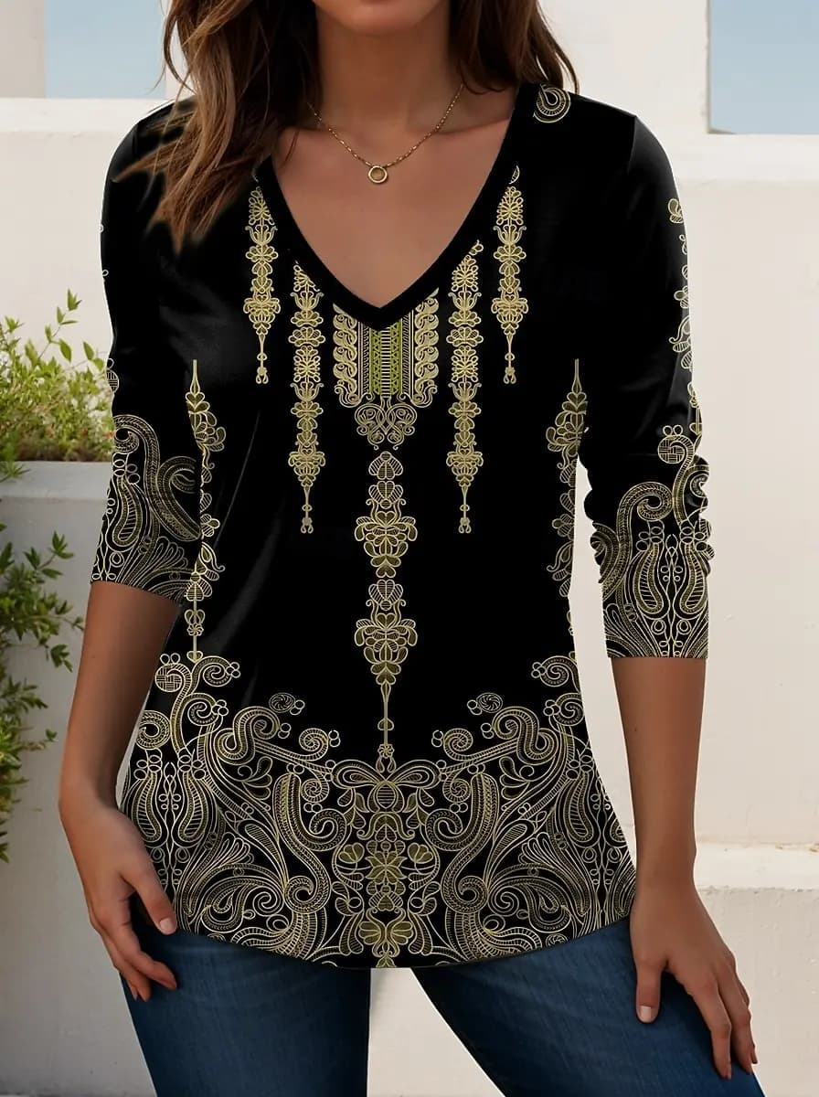 Women's Elegant V-neck Ethnic Retro Print Long Sleeve T-shirt Soft Polyester Perfect for Autumn and Winter Casual Wear Tops
