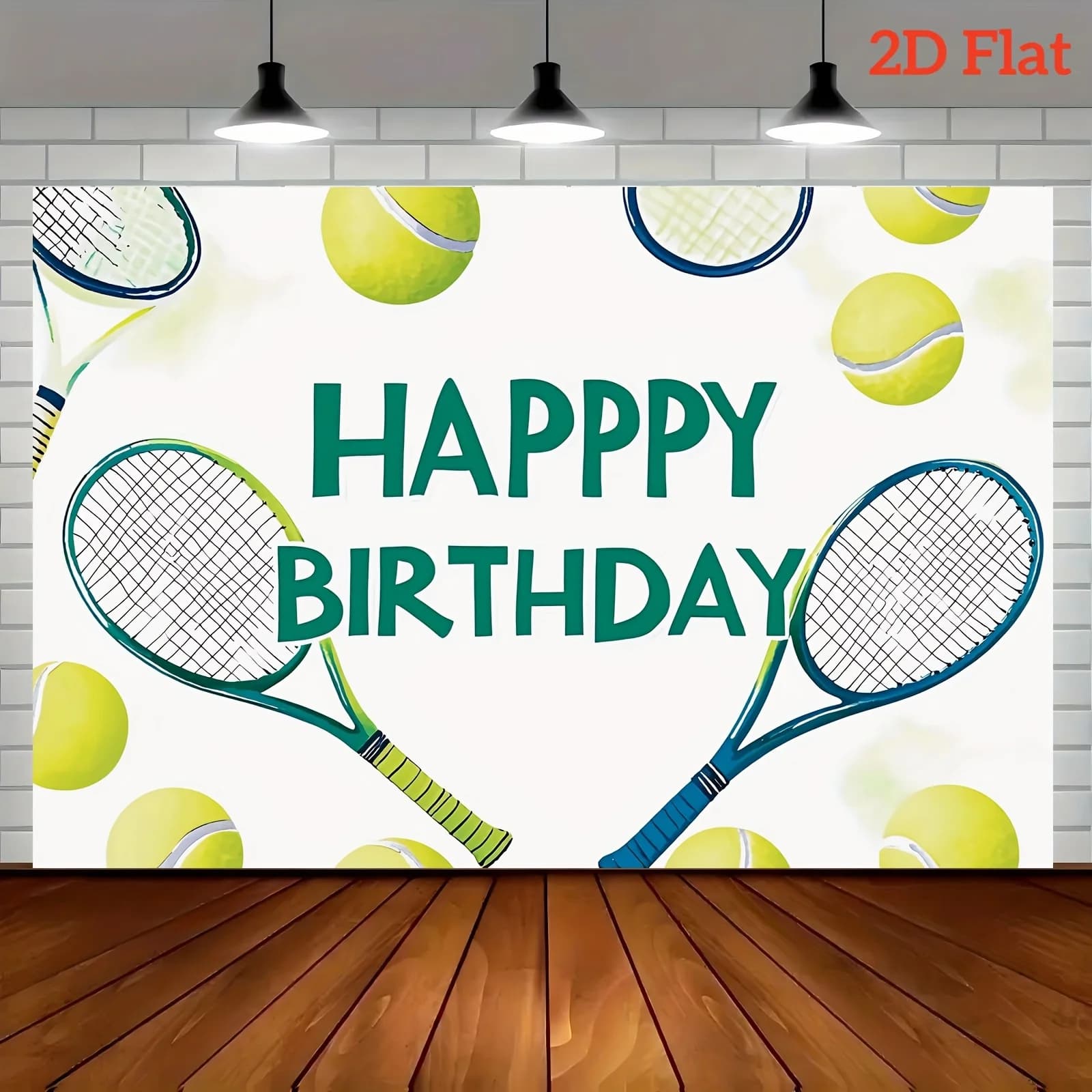 Tennis theme birthday party background with tennis design and bright green racket, suitable for sporting theme events