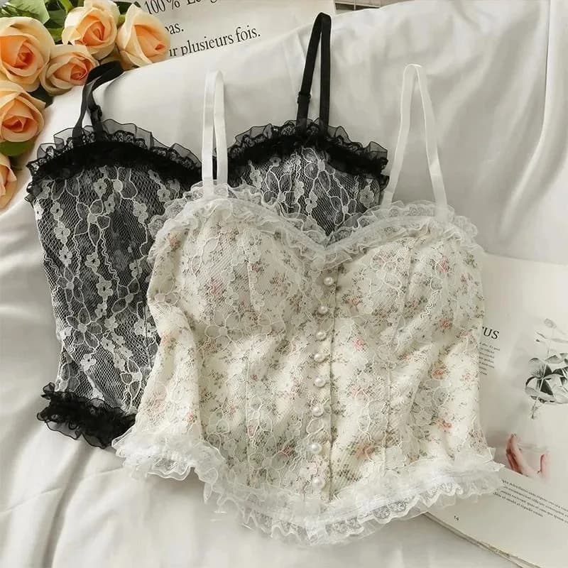 Canotta sexy Canotta in pizzo floreale Canotta dolce senza maniche Camicie in pizzo francese Decorazioni con bottoni di perle Camicie da donna alla moda