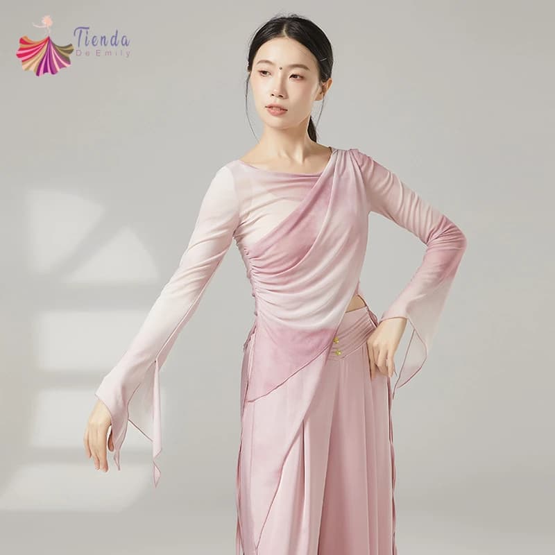 Camicia da donna a maniche svasate con spacco lungo in rete da danza classica da donna, camicetta sari con stampe, abiti da allenamento per prestazioni Hanfu cinesi sottili