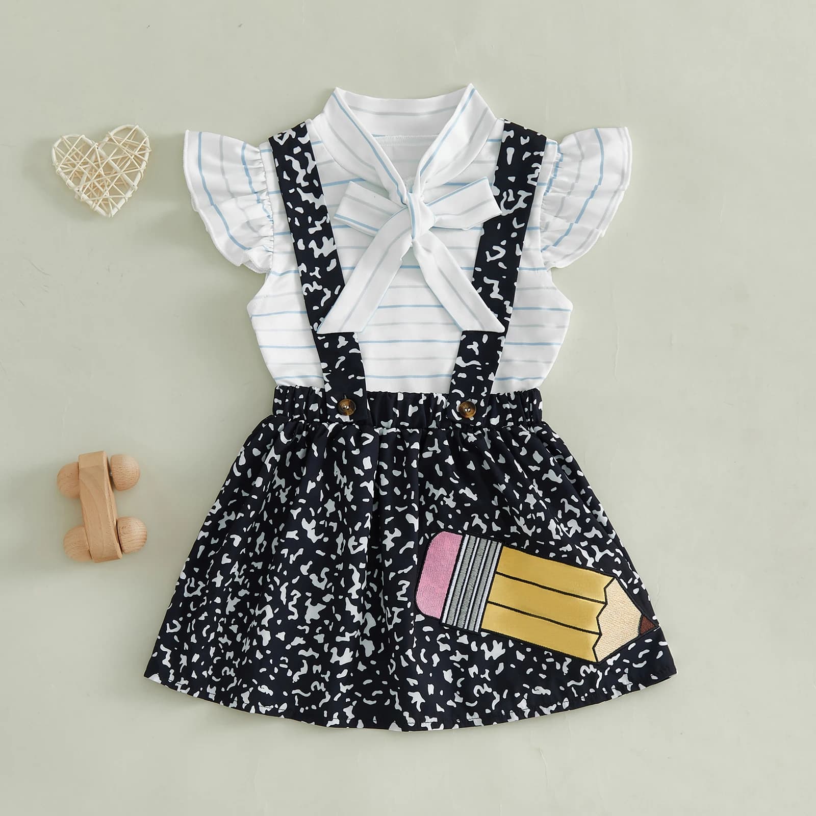 2-8Y Toddler Girl Back to School Outfit Lined Paper Stripe Print Tie Neck Flying Sleeve Shirt Tops Pencil Pattern Overall Skirt