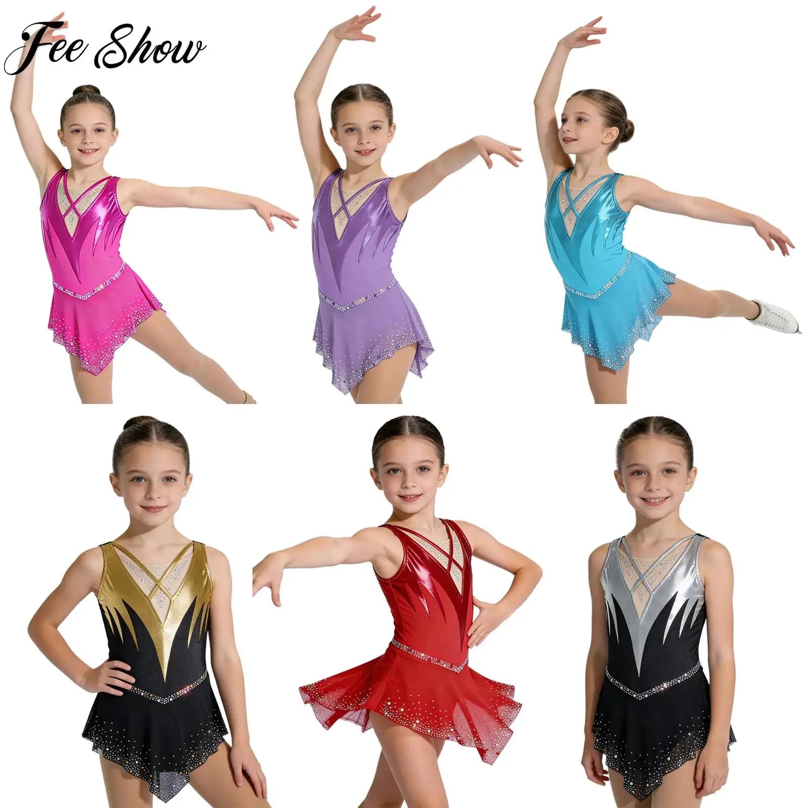 Body da Danza per Bambine, Senza Maniche, con Strass e Rete, per Spettacoli di Balletto, Ginnastica e Pattinaggio Artistico