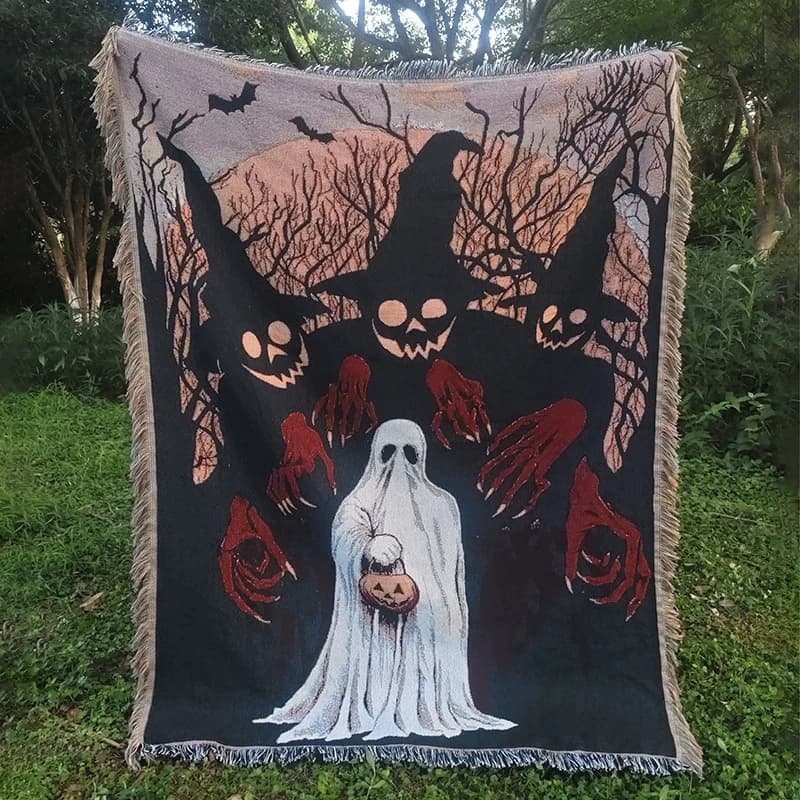 Coperta da tiro con zucca fantasma nero di Halloween, arazzo tessuto con frange spettrali, decorazione a tema per divano, accogliente copridivano autunno/inverno