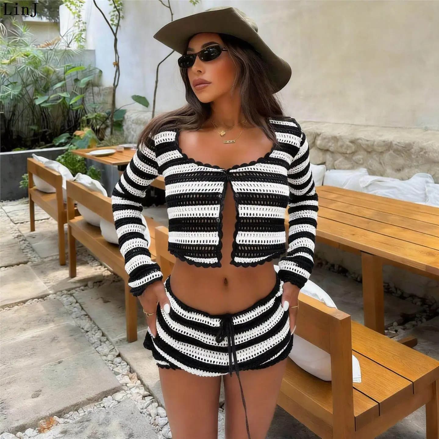Sexy Copricostume da Spiaggia Lavorato a Maglia a Righe, Set Bikini per Donne, Nuova Collezione Invernale Casual 2026