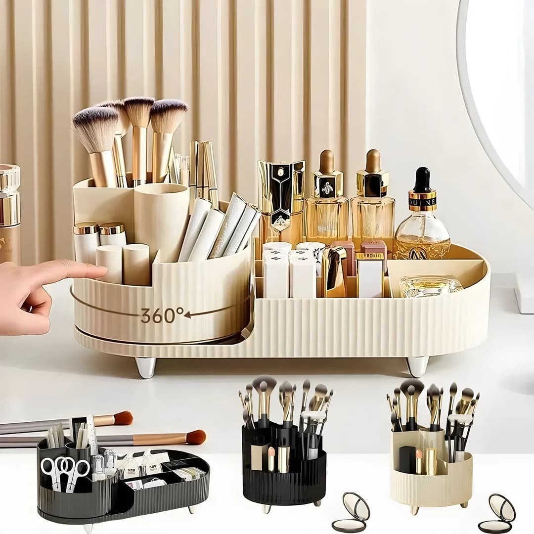 360 ° Organizer for swivel make-up with brush holder, large rotating cosmetic container for skin care, fragrances and lotions