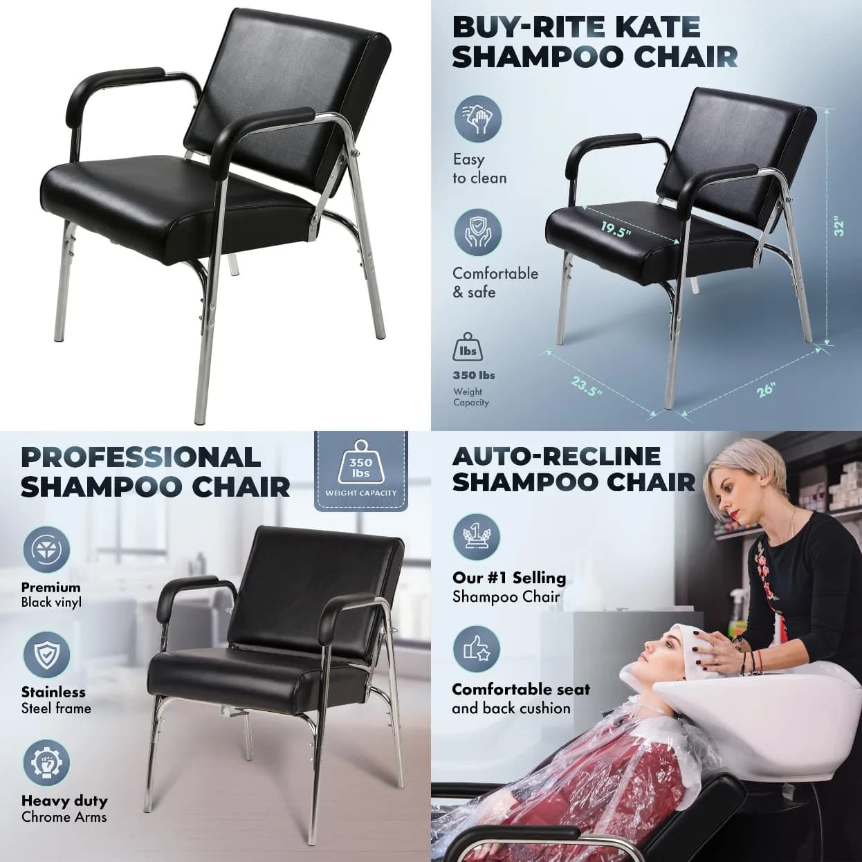 Poltrona Reclinabile Automatica per Shampoo Buy-Rite Kate con Cuscino Extra Spesso, Braccioli Cromati Resistenti, Vinile Nero, Ergonomica, Personalizzabile