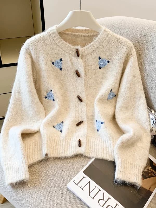 Cardigan Morbido e Confortevole per Donna, Nuovo Stile Primaverile con Ricamo Rosa, Maniche Lunghe, Collo Tondo, Giacca Aperta sul Davanti