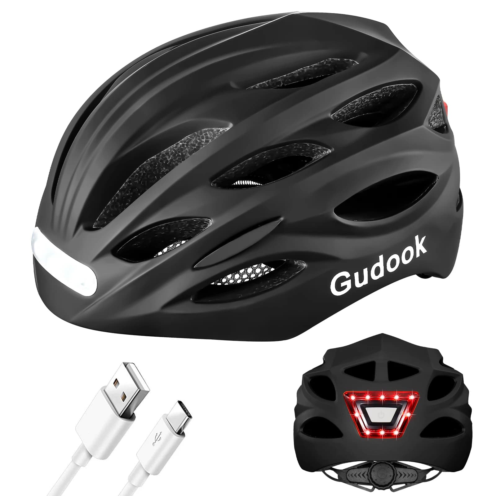 Bicycle Helmet Adult Bike Helmets for Men/Woman: Rechargeable front and rear LED lights via USB for cycling, skateboard for urban commuters
