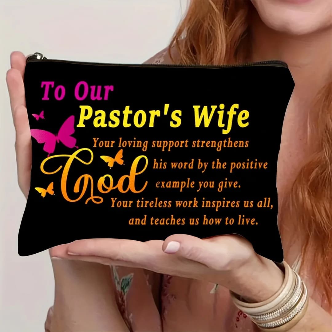 Pastor's Wife Butterfly Letter Print Cosmetic Bag Portable Zipper Makeup Pouch Travel Toiletry Storage Organizer Gift For Christ