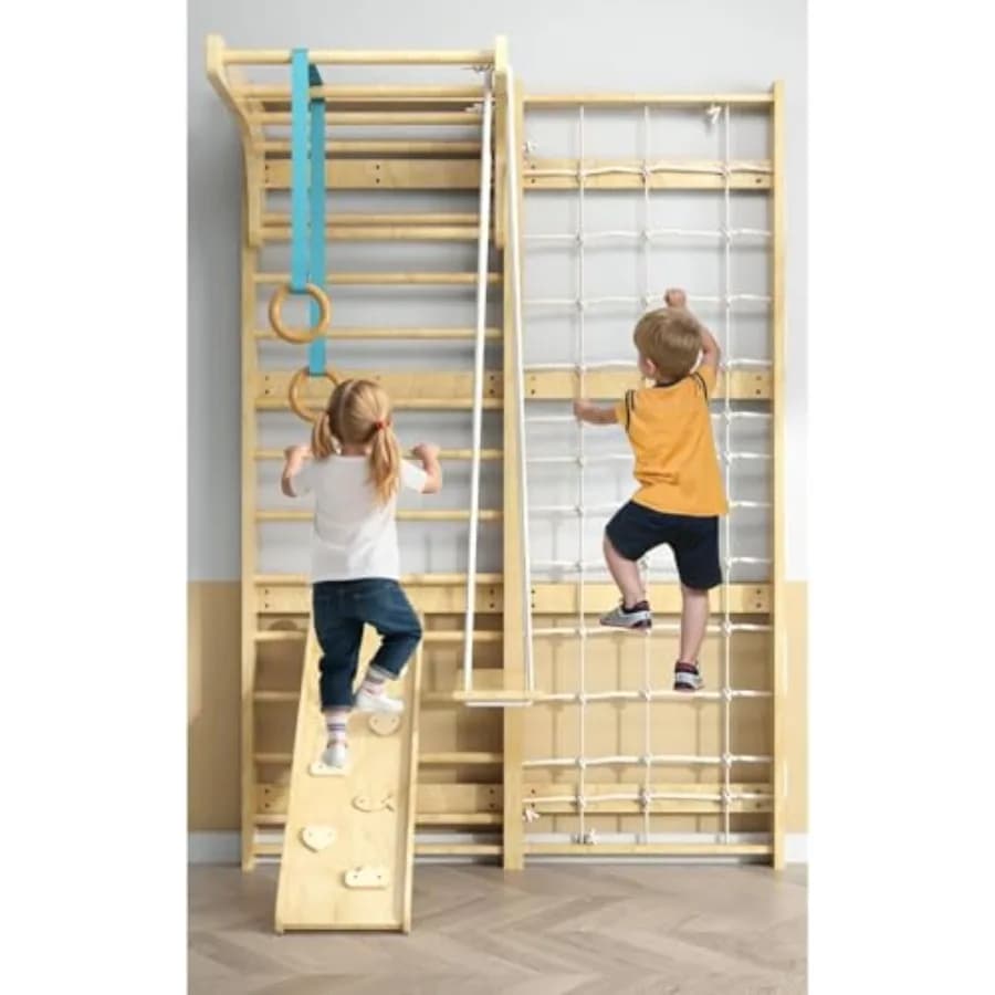 Scala Svedese 7-in-1 in Legno per Adulti e Bambini, Set da Arrampicata Montessori con Barra per Trazioni, Attrezzatura per Arrampicata Indoor