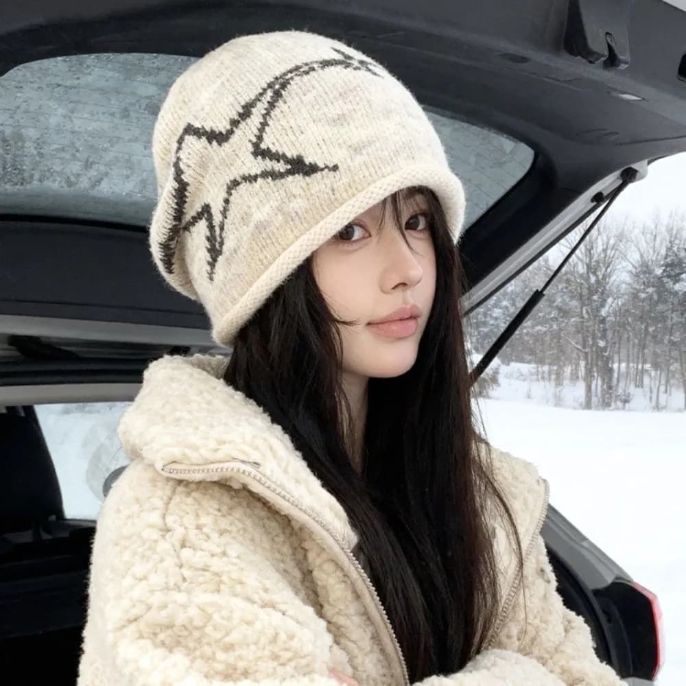 Y2K Style Star Patterned Beanie Cap Elastic Edge Curl Knitted Hat Ear Protection Soft Brimless Slouchy Hat