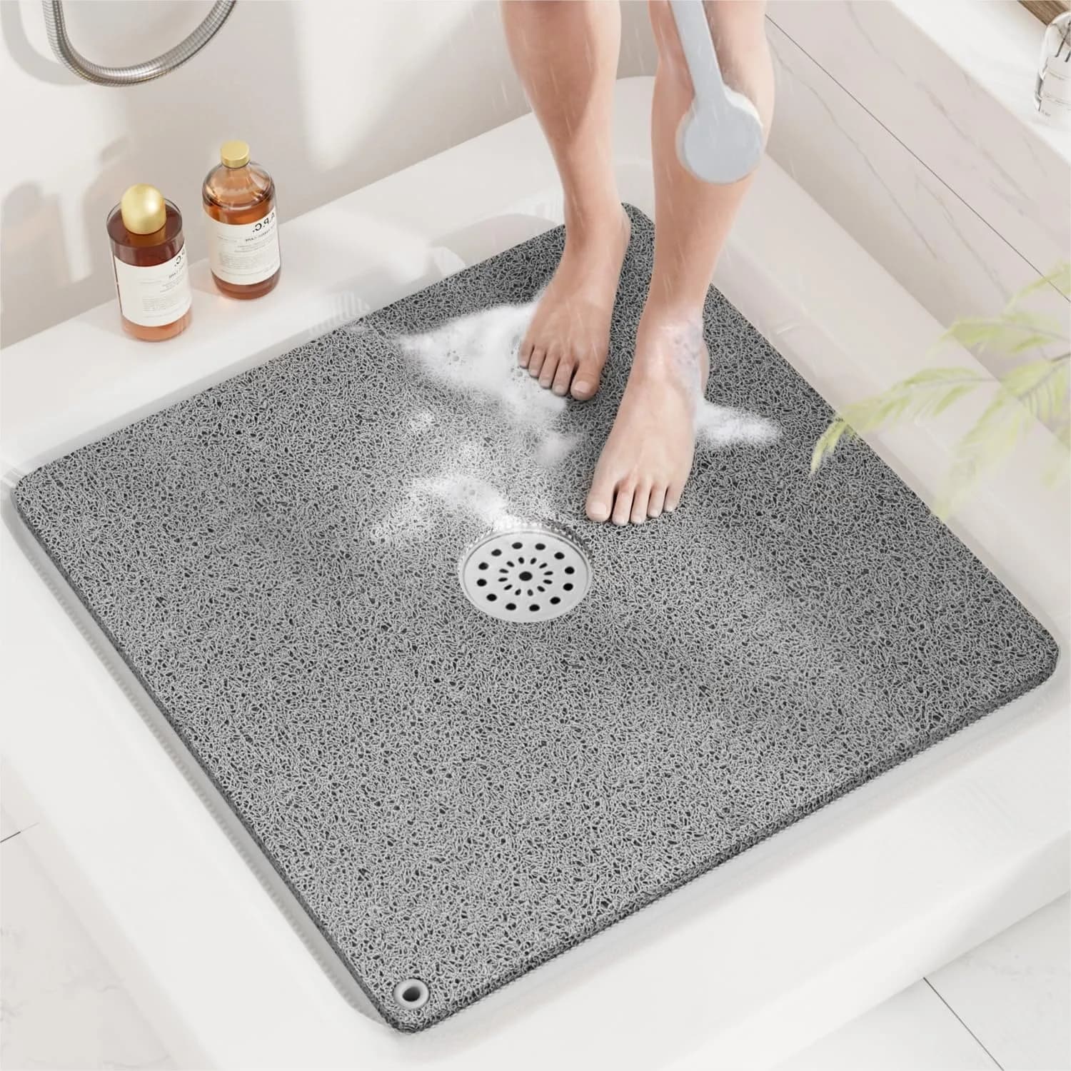 Tappetino Antiscivolo per Doccia 24x24 Pollici, Tappetino per Vasca in PVC a Rapida Asciugatura con Foro per Appendere, Morbido Tappetino Antiscivolo per Vasca, Grigio