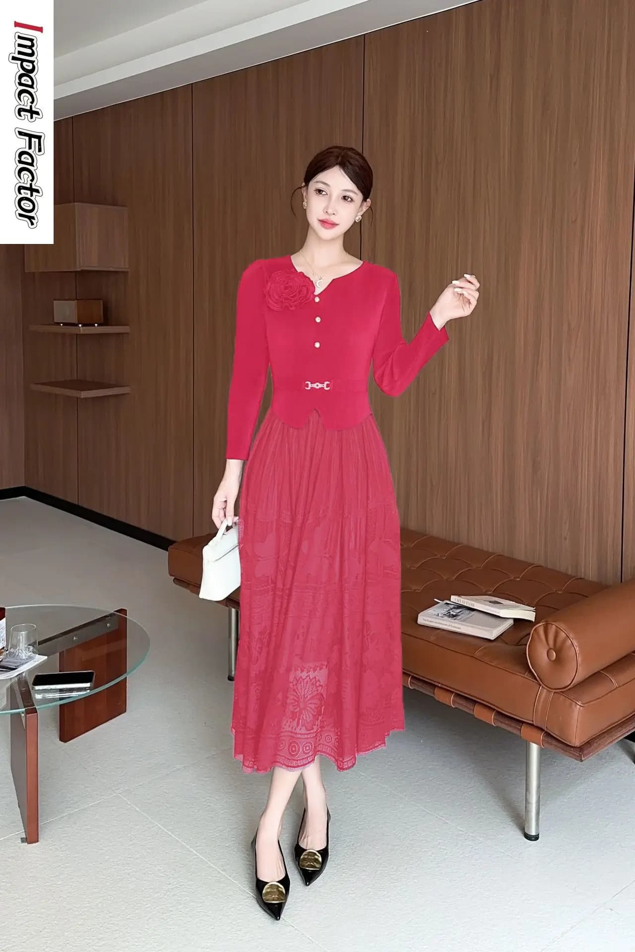 Miyake Abbigliamento donna Moda Autunno Nuovo vestito Vita sottile High-end Pizzo Splicing Grande pendolo Gonna lunga a pieghe