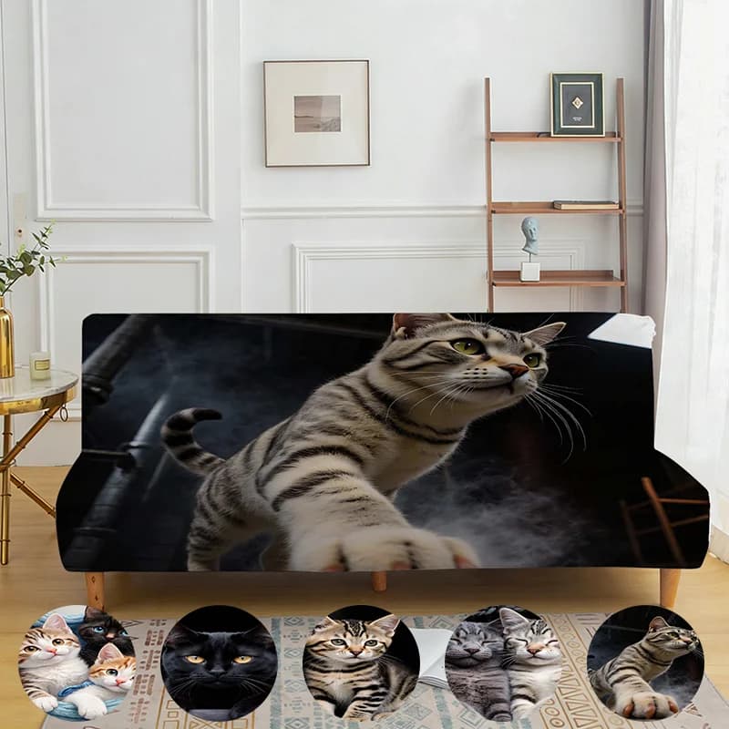 Cool Atmosphere Tiger Stripe Cat Print Foldable Sofa Cover, Elastic and Washable, Atmosphere-Inspired Sofa Cover