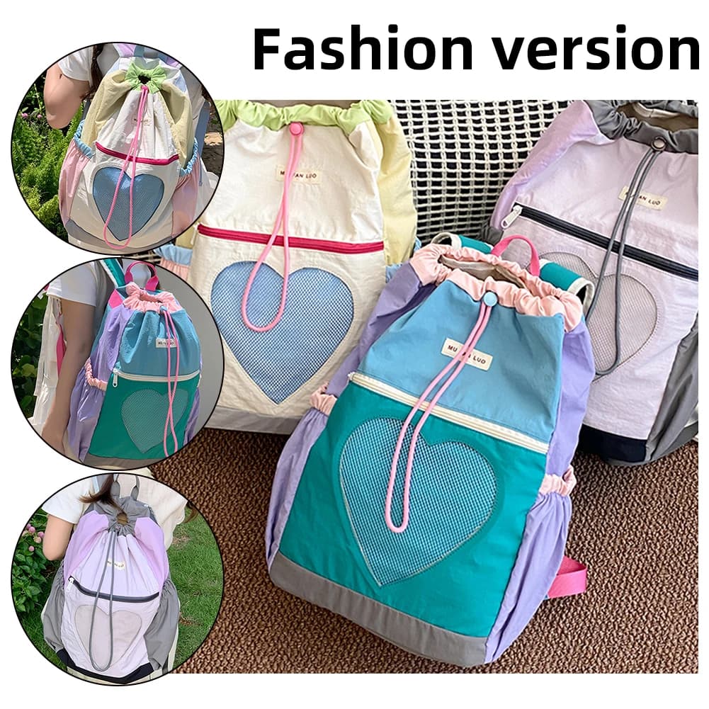 Zaino per Donne e Ragazze, Borsa Scolastica Bicolore in Nylon con Coulisse, Zainetto con Tracolla Regolabile per Viaggi e Scuola