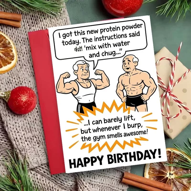 Humor Birthday Greeting Card Fitness Protein Powder Joke Cartoon Old Man Funny Quotes Fit Easter Father's Day Birthday Holiday Thank You Card