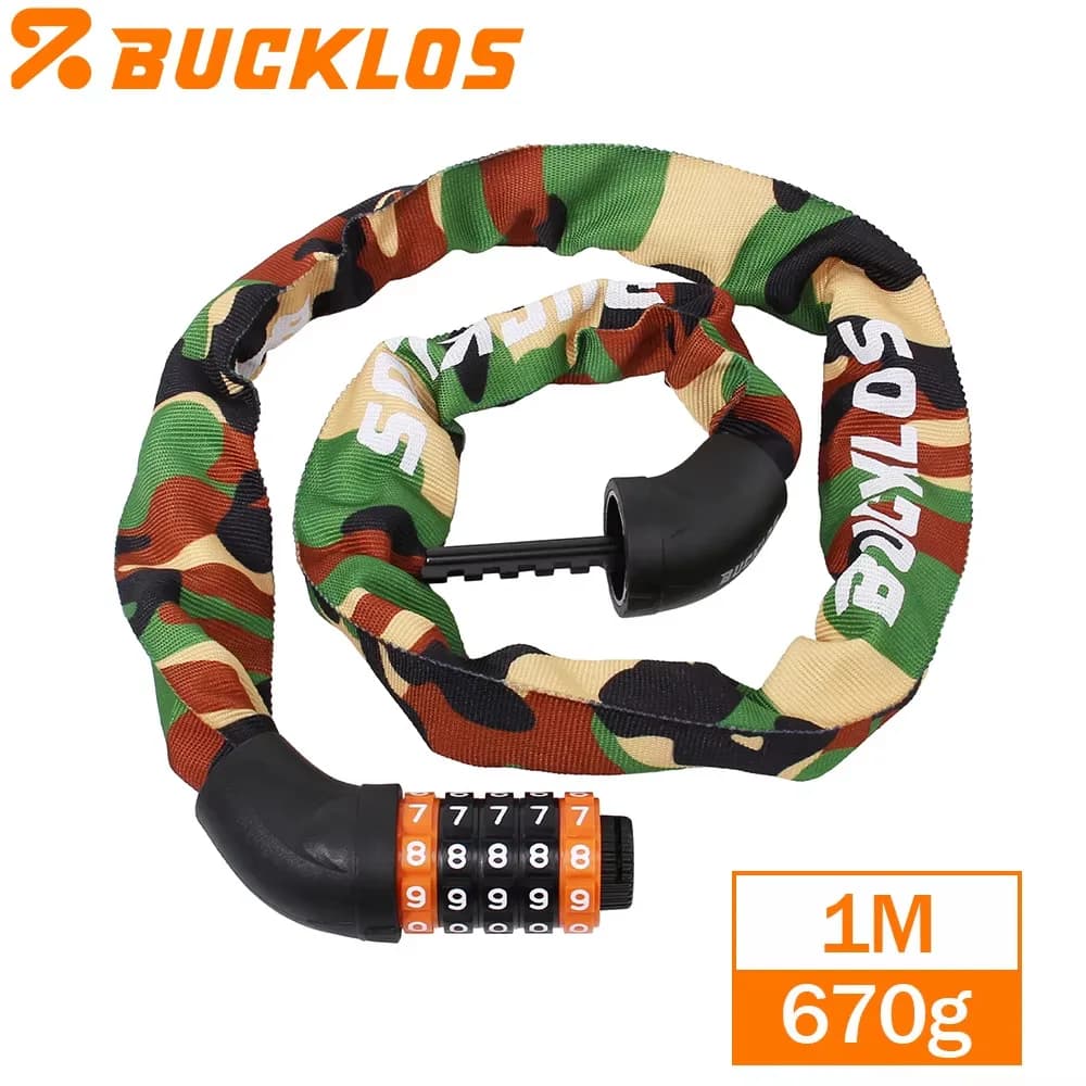 Lucchetto Combinato Antifurto Bucklos per Bicicletta, in Lega di Zinco, 1m, 670g, Catena Mimetica per Accessori Bici da Montagna e Strada