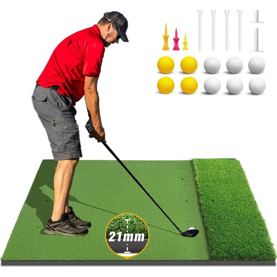 DualTurf Golf Mat for Indoor Outdoor Practice: 36mm 31mm 21mm 5x5ft and 5x4ft HeavyDuty Artificial Turf Matt with 10 Balls 9 Te