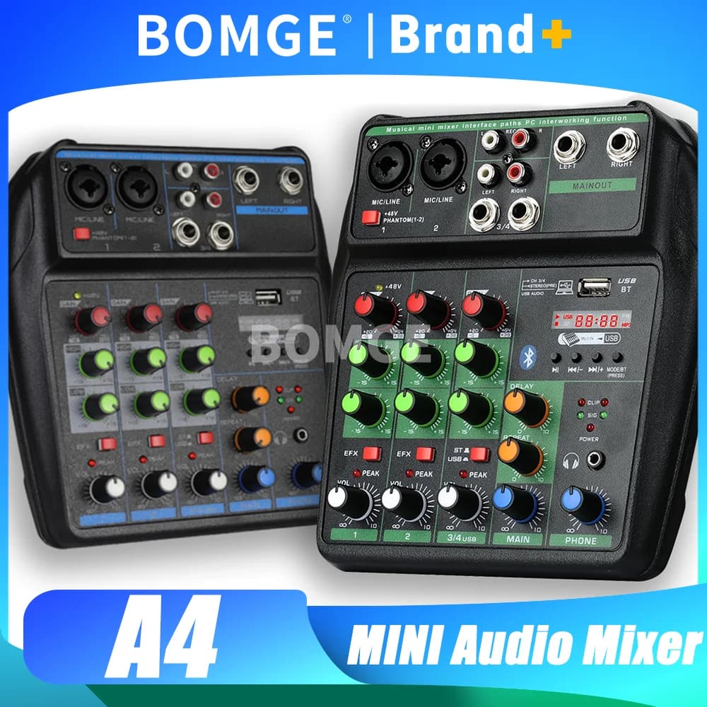 Mixer a 4 Canali con Bluetooth, Alimentazione Phantom 48V, Monitoraggio, Sistema Karaoke, Mixer Audio USB