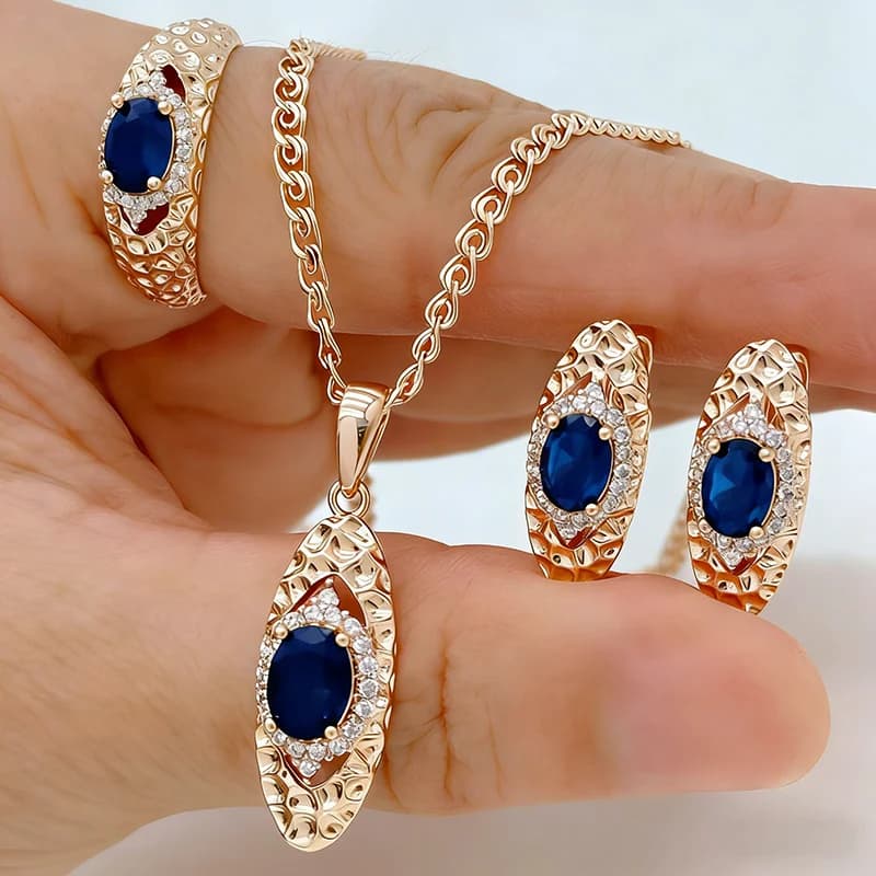 Set di Gioielli Kinel con Zirconi Naturali Blu Brillanti per Donne, Anello, Orecchini e Collana in Oro Rosa 585, Gioielli Raffinati per Uso Quotidiano