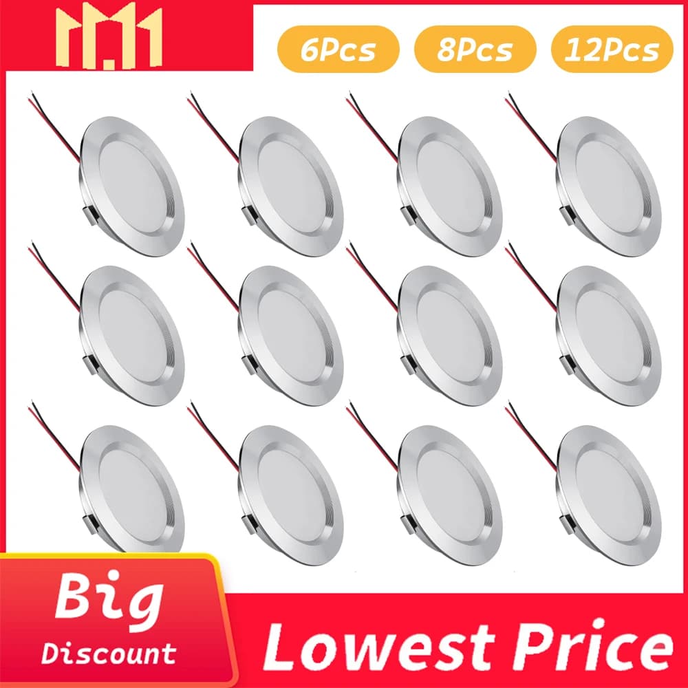 6/8/12 pz. Faretto LED da Incasso 3W DC12V, Lampada da Soffitto Rotonda, Pannello LED Dimmerabile Nero Bianco Argento
