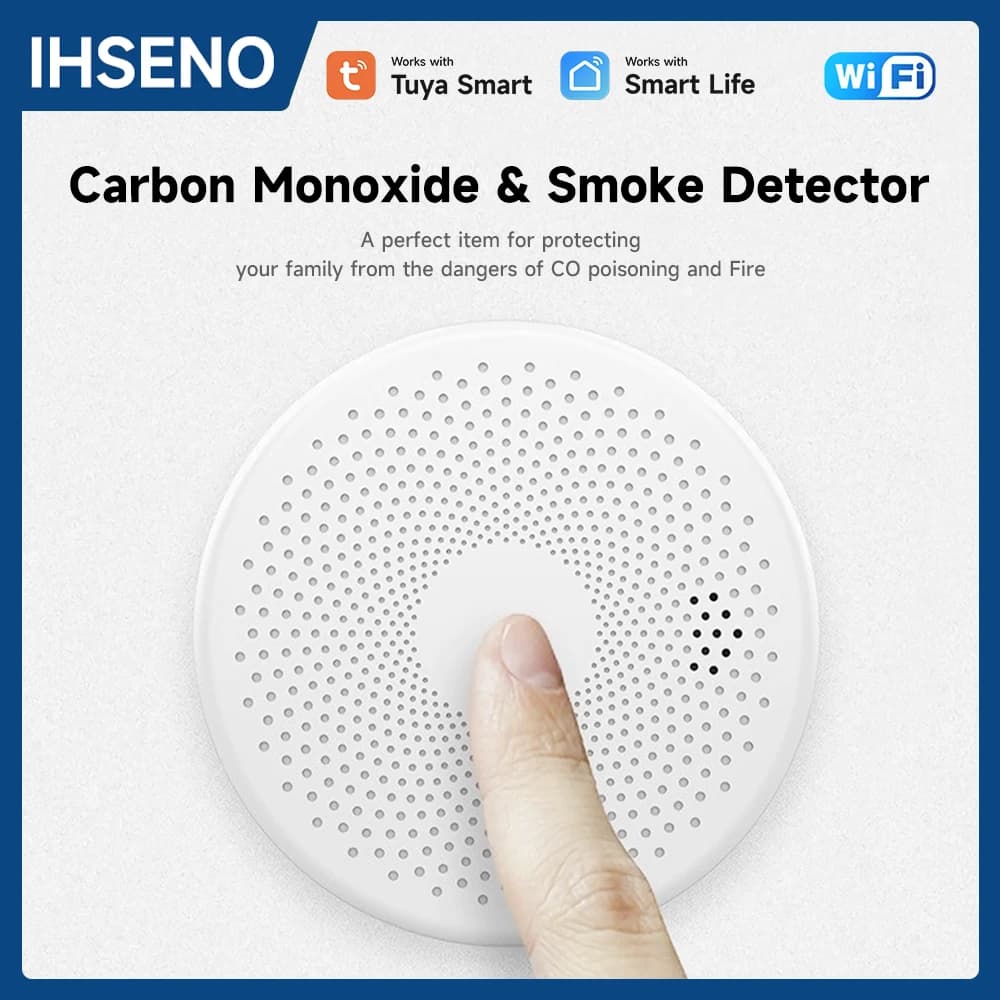 IHSENO Tuya WiFI CO Sensore di fumo 2in1 Sensore di monossido di carbonio e fumo Tuya Rilevatore di fumo Allarme di fumo Rilevatore di CO Smart Home