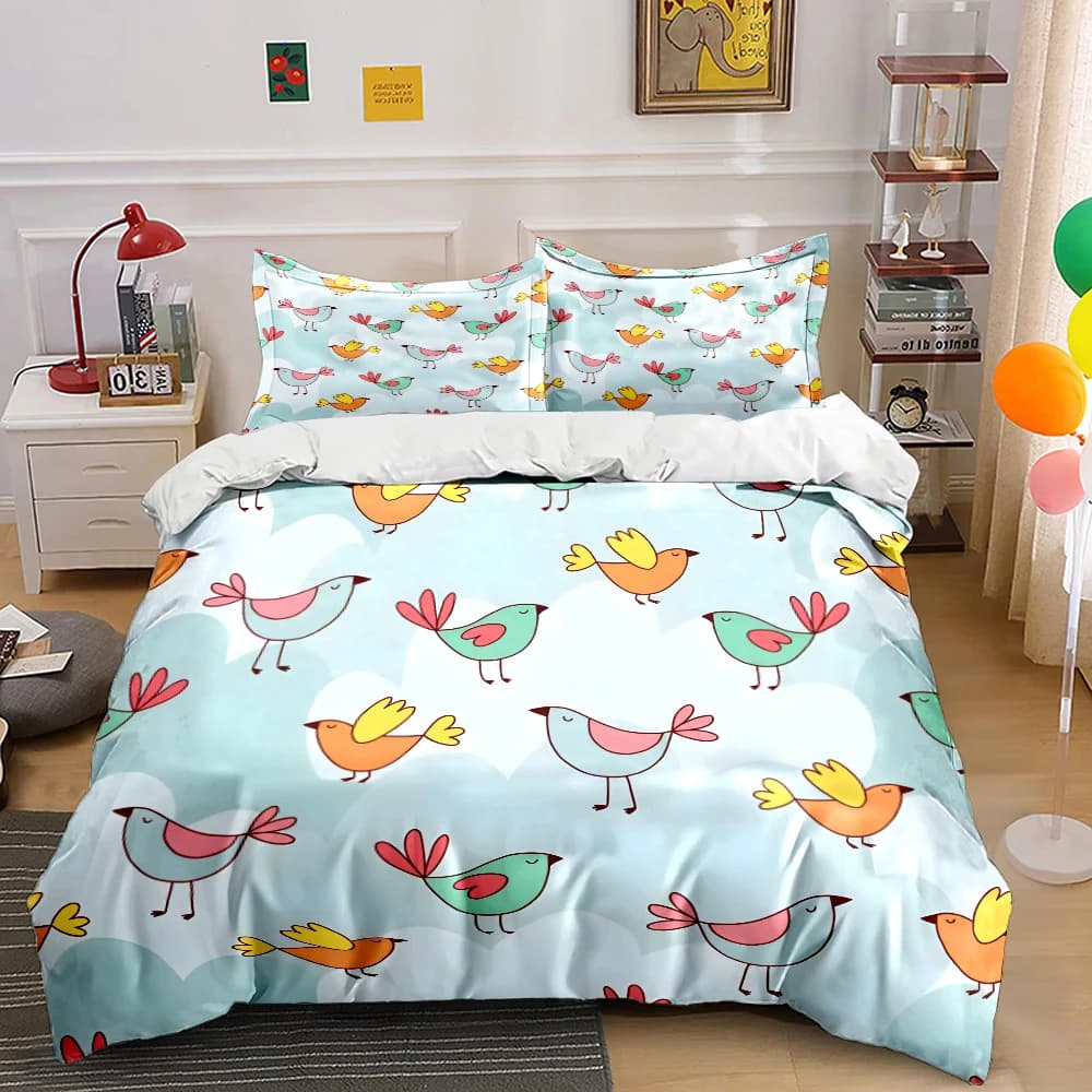 Set di biancheria da letto con stampa di uccelli dei cartoni animati su sfondo colorato, 1 copripiumino, 2 federe per adulti e bambini, regalo di lusso, misura completa
