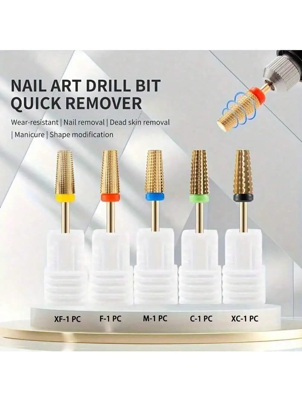 Set of drill tips for tungsten steel nails 1/5 pieces: gold plated rhinestones, 2,35 mm universal stem. Professional manicure/pedicure tools