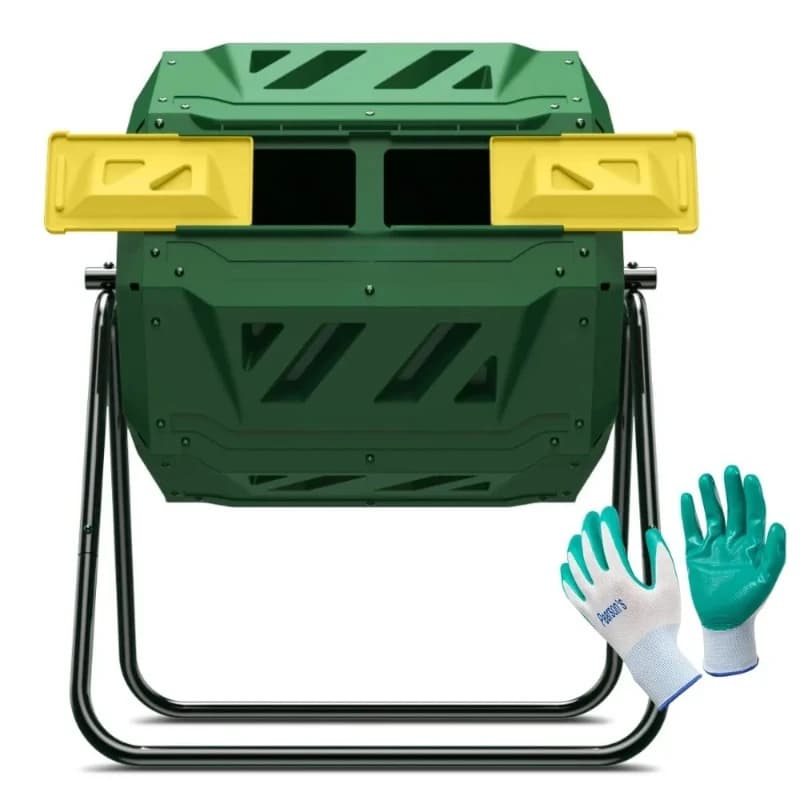 Compost Tumbler Bin Composter Dual Chamber 43 Gallon (Bundled with Gardening Gloves)