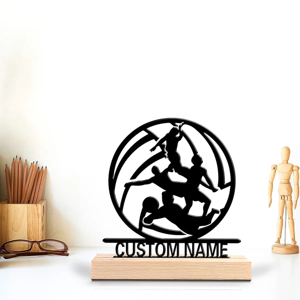 1 statuetta in metallo personalizzata a forma di pallone da pallavolo, con base in legno, ideale come regalo per professionisti e uomini.