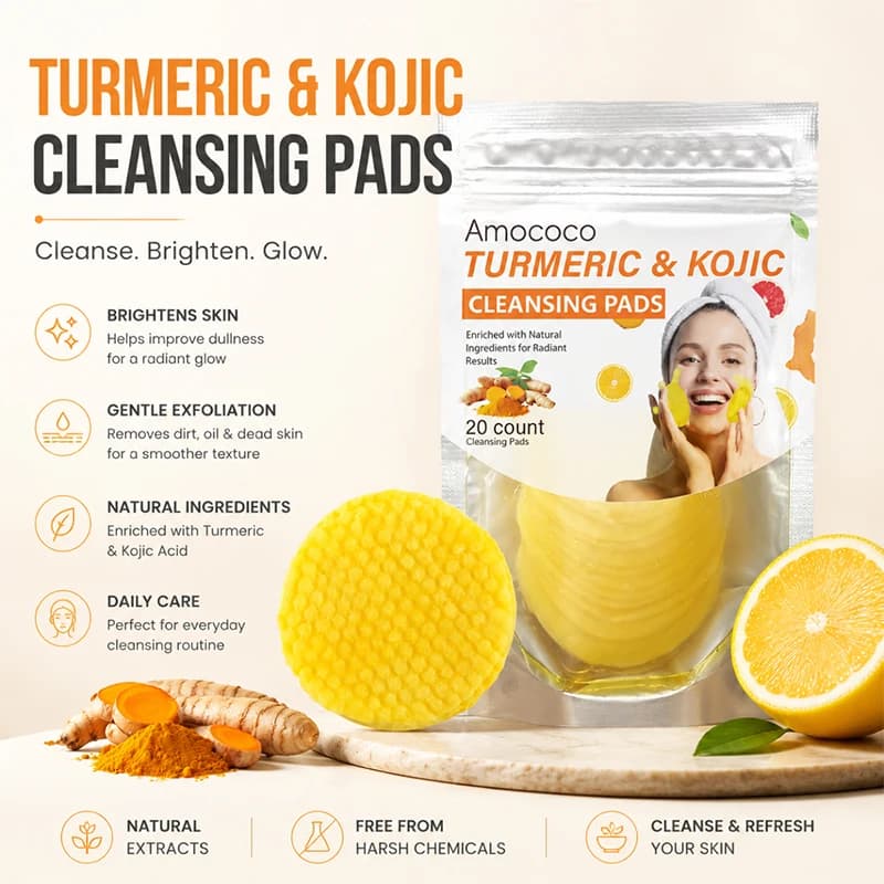 Amococo 2/5/10 Pack Turmeric Kojic Acid Cleansing Pads 20pcs 90g Facial Cleansing Pads Natural Extract Face Wipes Gentle Exfoliating Cotton Pads Daily Skincare for Face and Body