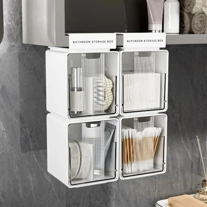 Contenitore Estraibile Trasparente per Bagno, Organizzatore Stile Cassetto Senza Foratura per Bastoncini e Dischetti di Cotone, Sotto Specchio