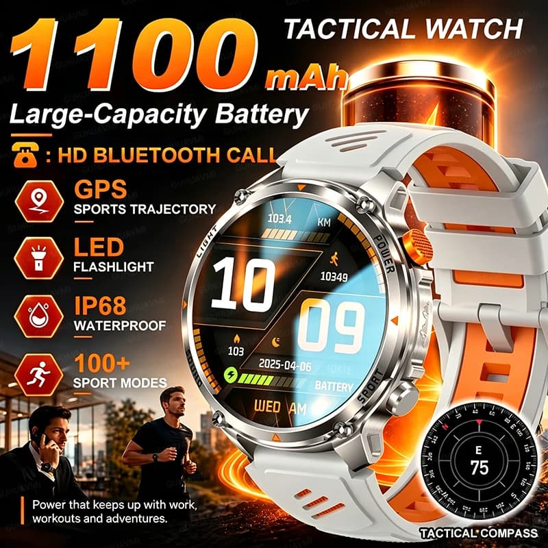 Outdoors NEW TANK Military 1100 MAh Battery Smart Watch Equip GPS Sport Trajectory Compass LED Flashlight IP68 Waterproof Watch