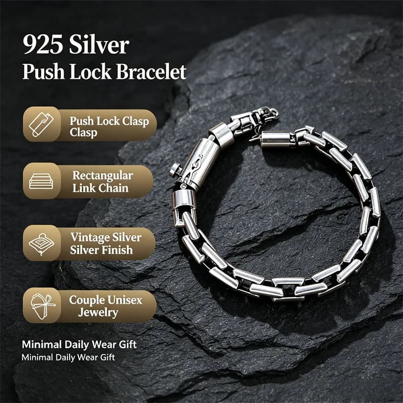 OUYADI Retro S925 Silver Couple Bracelet Push Insert Lock Clasp Simple Versatile Link Chain Fashion Unisex Wrist Jewelry