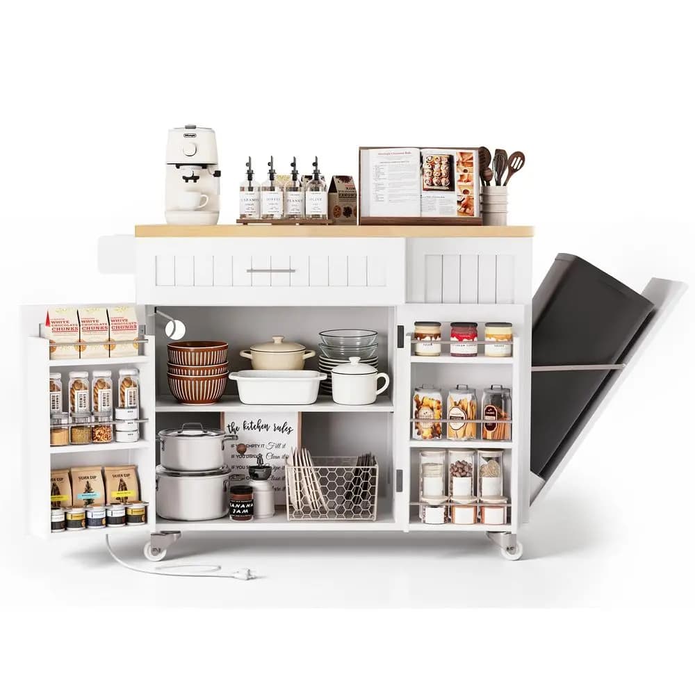 Island with Outlet, Rolling Kitchen Cart Storage on Wheels with Drop Leaf, Trash Can Area, Spice Rack, Towel Bar, Adjustable Sh