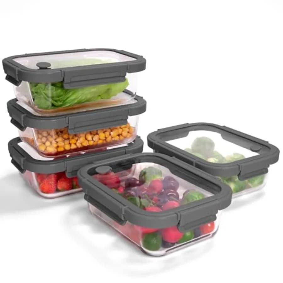 Set di 5 Contenitori in Vetro Borosilicato con Coperchi Temperati, 35.2oz/4.4 Tazze, Ermetici, per Preparazione Pasti, Adatti a Microonde e Congelatore, Grigio