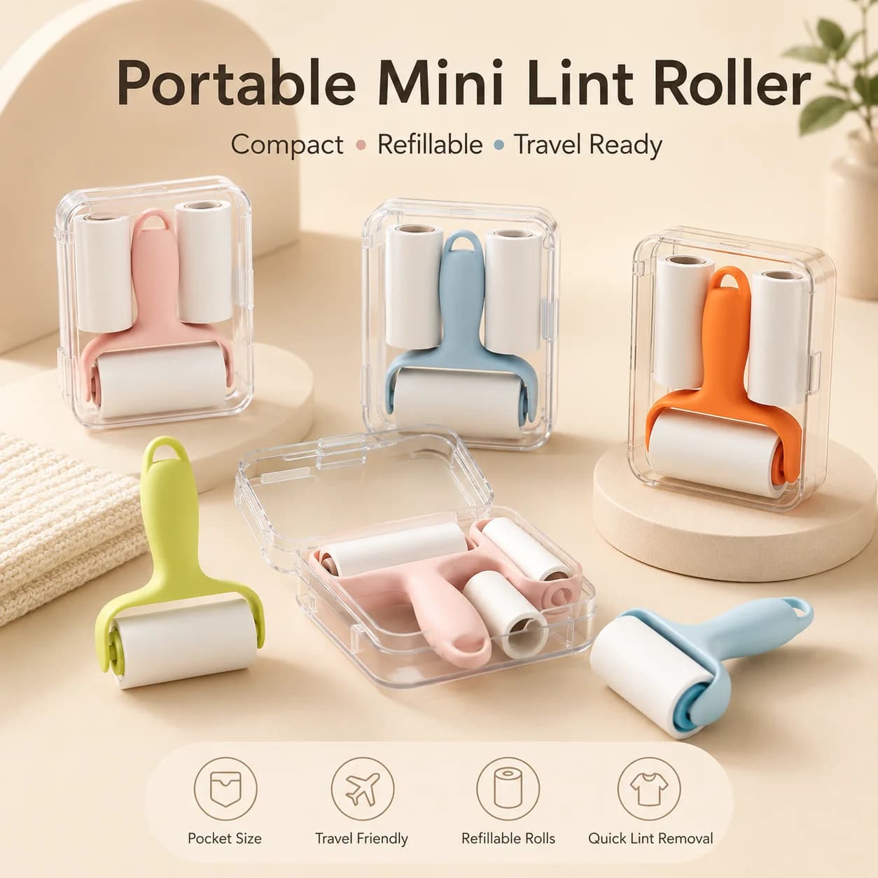 Mini Portable Lint Roller Reusable Pet Hair Remover Sticky Roller for Clothes Sofa Carpet Travel Cleaning Tool