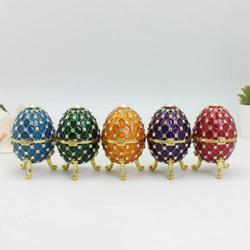 SHINNYGIFTS Faberge Egg Style Easter Egg Enamel Trinket Box Hand Painted Fully Rhinestone Jewelry Box for Mini Ring Earrings
