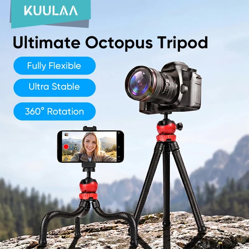 Treppiede Flessibile KUULAA per Telefono e Fotocamera DSLR con Telecomando, Mini Gambe a Polpo per iPhone 17 16 Pro Max, Supporto per Telefono