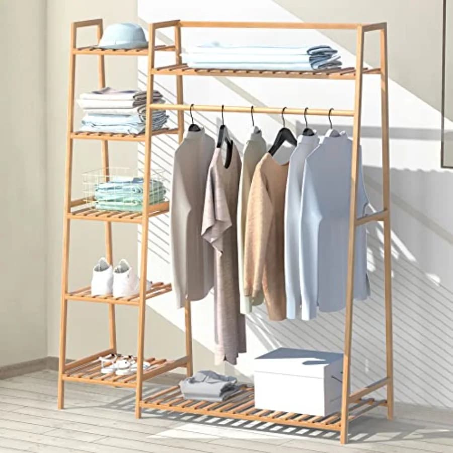 Bamboo Clothing Garment RackFree Standing Clothes Coat Hanger Closet Organizer w/Shoe Rack Multi-tiered Wardrobe Storage Shelve