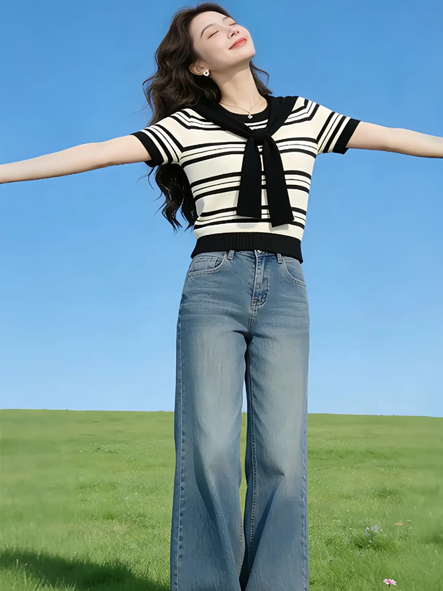 Summer 2026 Women's Casual Knitted Stripe Short Sleeve T-Shirt Versatile Shoulder Wrap Fake Two-Piece Top Breathable Comfortable