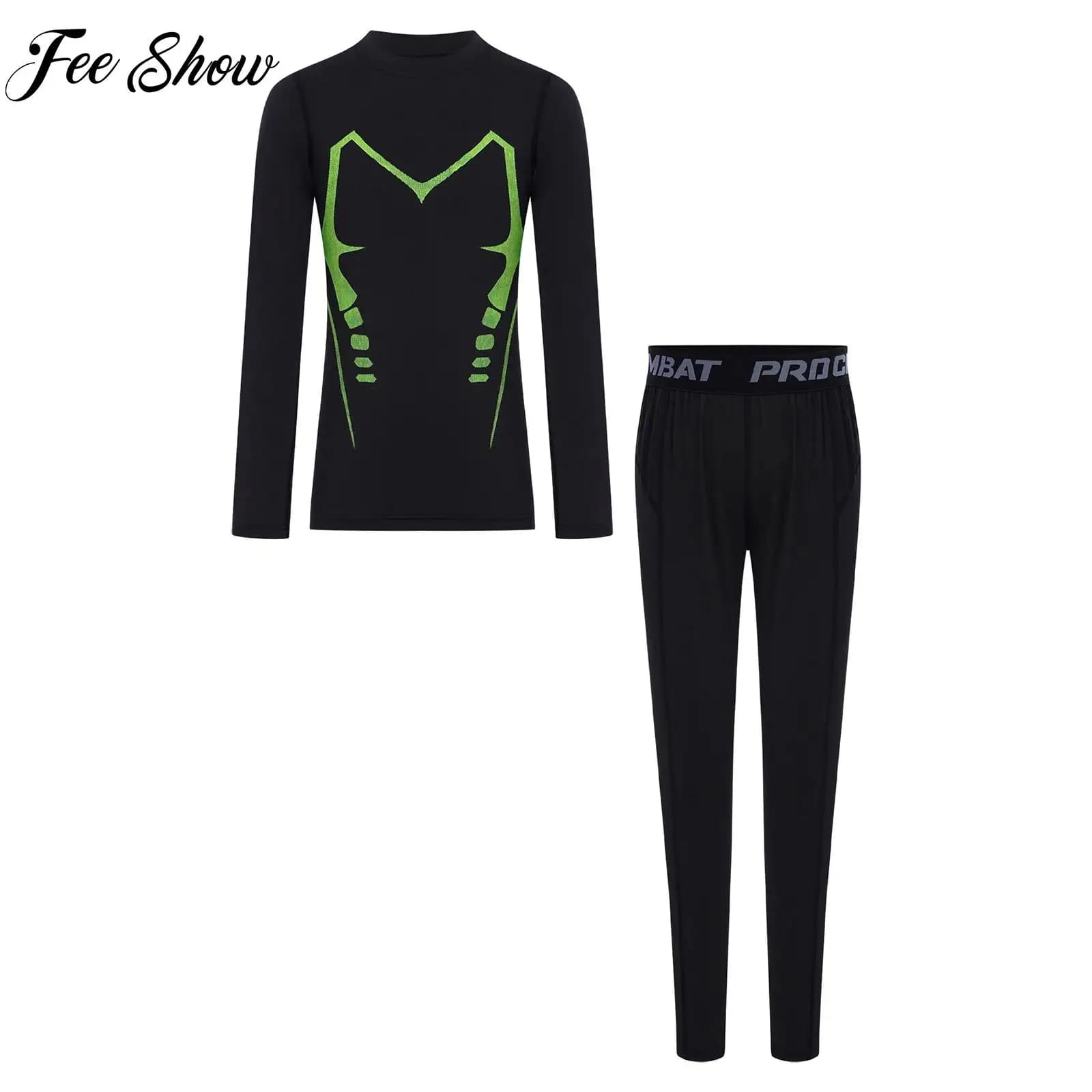 Completo sportivo per bambini da 2 pezzi, ad asciugatura rapida, per allenamento di calcio e basket, con stampa a contrasto, maglia a maniche lunghe + leggings