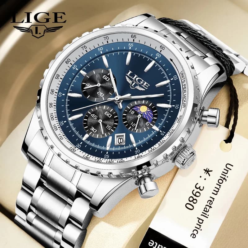 Men's Watch LIGE 2026, New Luxury Model, Quartz, Waterproof, Bright, With Date and Chronograph, Sporty