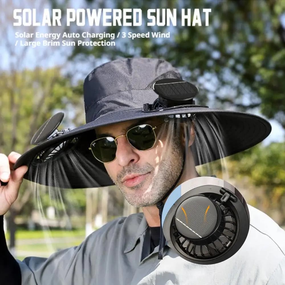 Wide Brim Solar Fan Hat Sun Protection With Dual Solar Power Fan Outdoor Beach ‌Hike Fishing Hat For Men Women Fisherman Hat