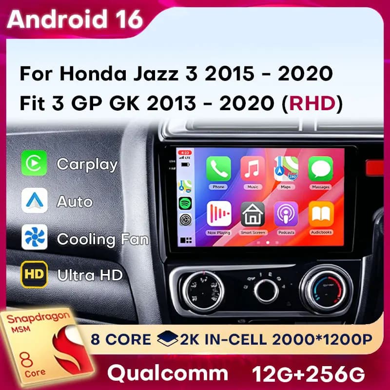 Android 16 Carplay For Honda Jazz 3 2015 - 2020 Fit 3 GP GK 2013 - 2020 (RHD) BT Car Radio Audio Stereo 360 Camera Auto Video