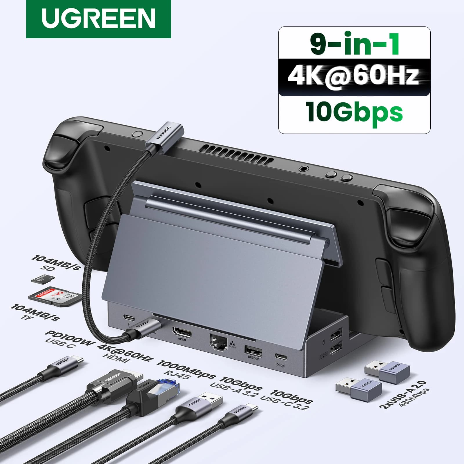 UGREEN Steam Deck Dock 4 k60hz 9 porte RJ45 PD100W HUB USB C compatibile con Steam Deck ROG Ally LEGION Go iPhone 15 Pro/Pro Max